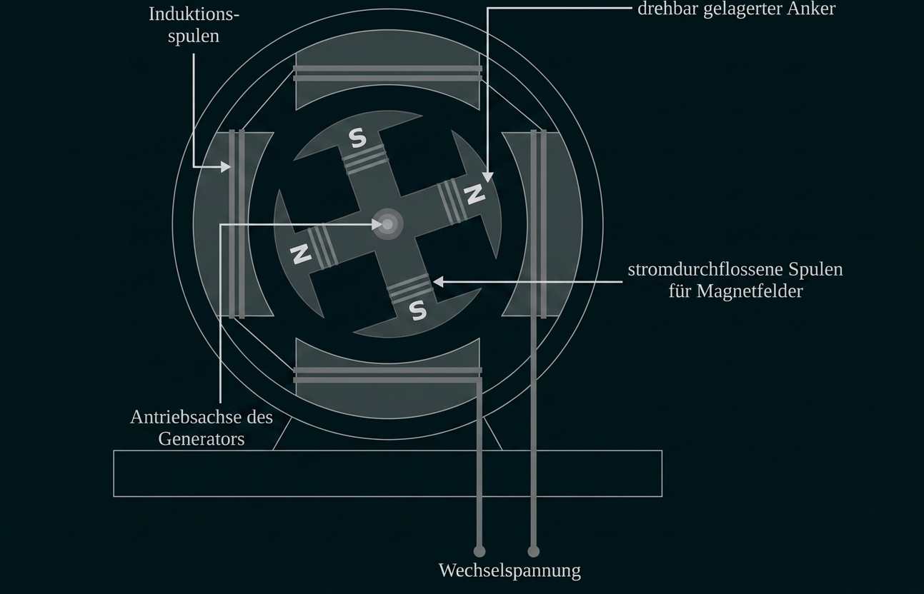 Schema eines Generators mit Spulen, Magnetfeldern und drehbarem Anker, beschriftet in Deutsch